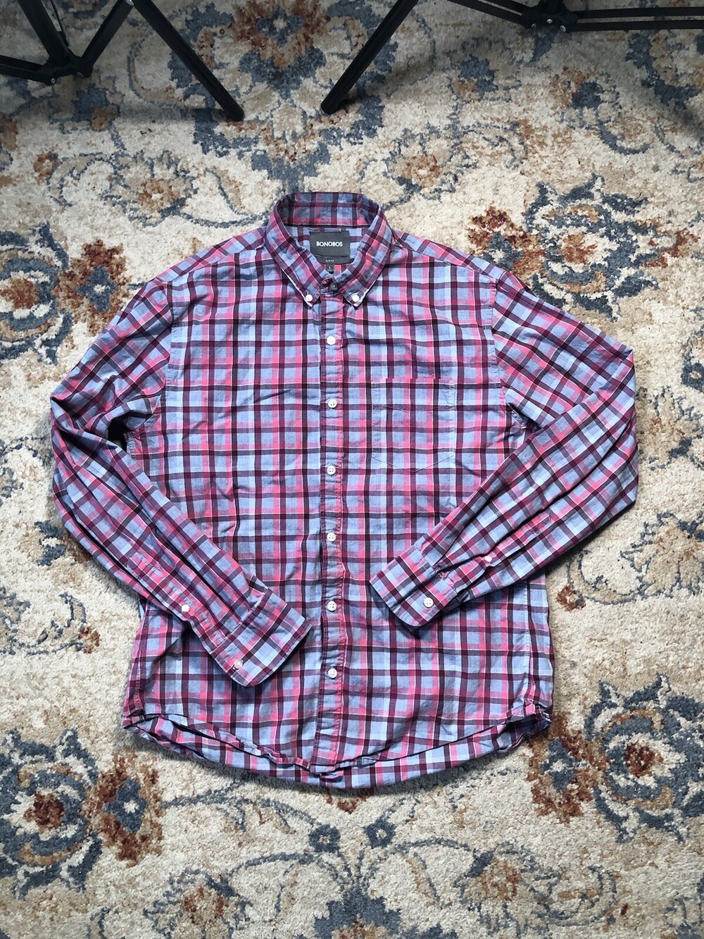 Bonobos Mens Large Red Blue Slim Fit Stretch Long Sleeve Flannel Work Shirt